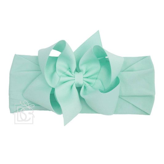 WIDE PANTYHOSE HEADBAND W/CLASSIC GROSGRAIN BOW: AQUAMARINE / 3+ Months / 4.5" Large