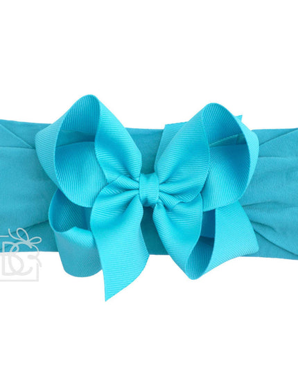 WIDE PANTYHOSE HEADBAND W/CLASSIC GROSGRAIN BOW: TURQUOISE / 3+ Months / 4.5" Large
