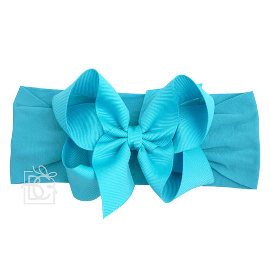 WIDE PANTYHOSE HEADBAND W/CLASSIC GROSGRAIN BOW: TURQUOISE / 3+ Months / 4.5" Large
