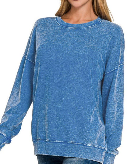 Washed Round-neck Pullover Sweatshirts: CLASSIC BLUE