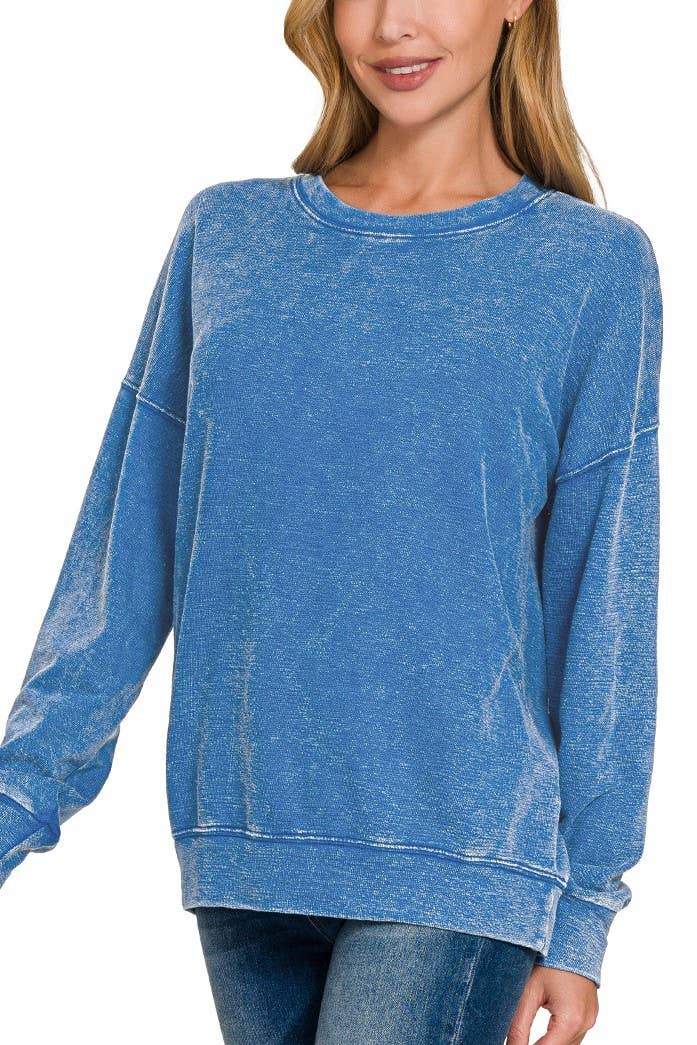 Washed Round-neck Pullover Sweatshirts: CLASSIC BLUE