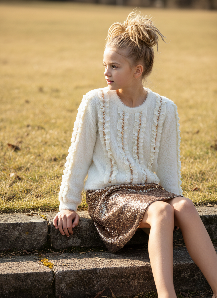 Fuzzy Knit Sweater With Sequin Ruffles