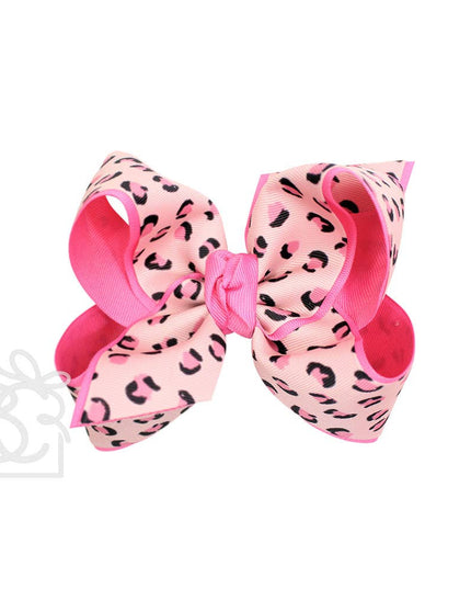 LAYERED LEOPARD BOW ON CLIP: 6.5" Jumbo - 2.25" & 2" Ribbons on Lg. Alligator Clip / OATMEAL/MULTI LEOPARD