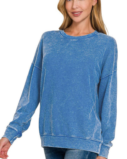 Washed Round-neck Pullover Sweatshirts: CLASSIC BLUE