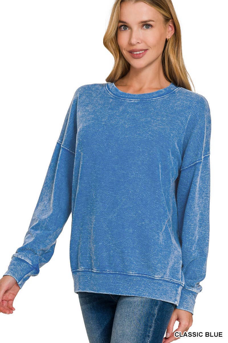 Washed Round-neck Pullover Sweatshirts: CLASSIC BLUE