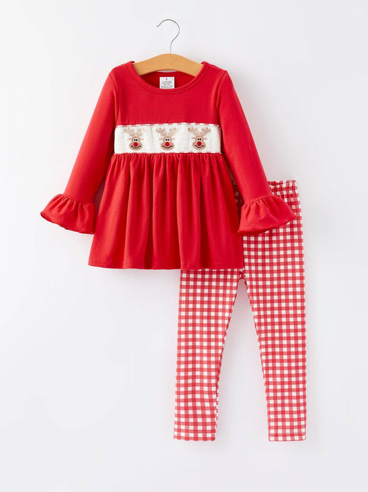 Christmas Smocking Embroidery Plaid Outfit Set