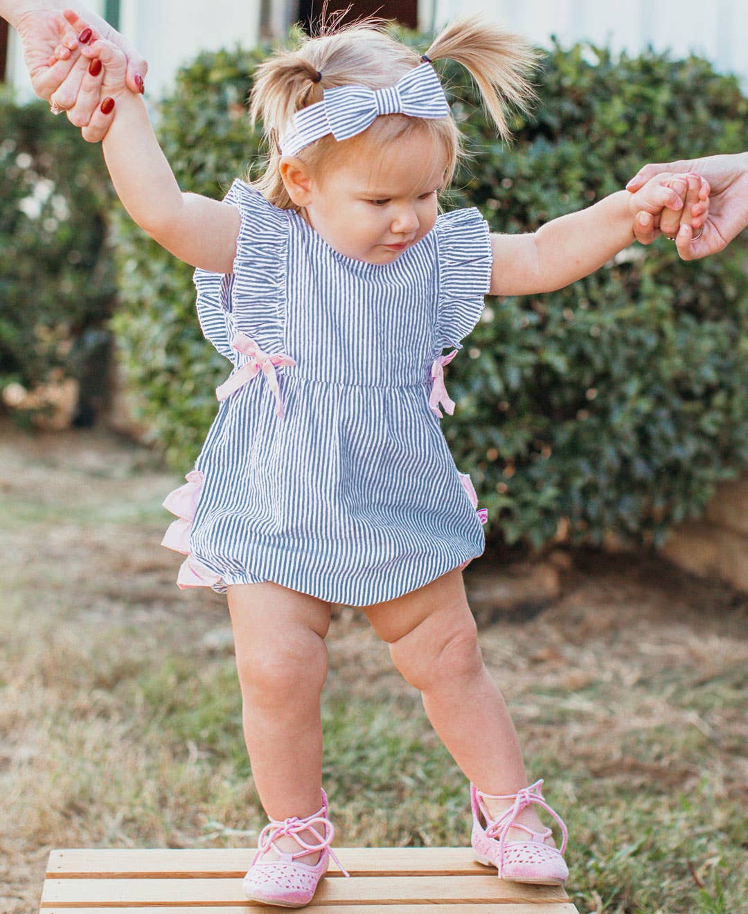 Classic Blue Seersucker Ruffle Bubble Romper