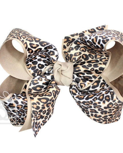 LAYERED LEOPARD BOW ON CLIP: 6.5" Jumbo - 2.25" & 2" Ribbons on Lg. Alligator Clip / OATMEAL/MULTI LEOPARD