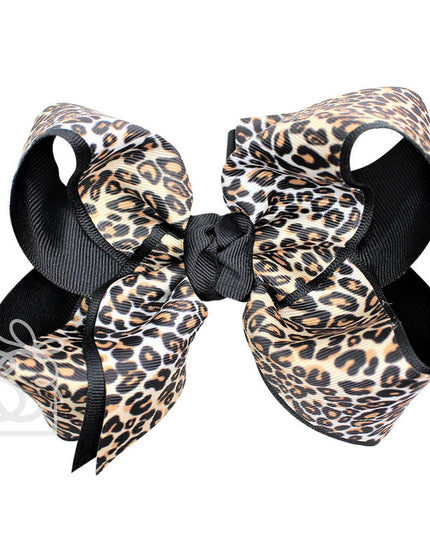 LAYERED LEOPARD BOW ON CLIP: 6.5" Jumbo - 2.25" & 2" Ribbons on Lg. Alligator Clip / BLACK/MULTI LEOPARD