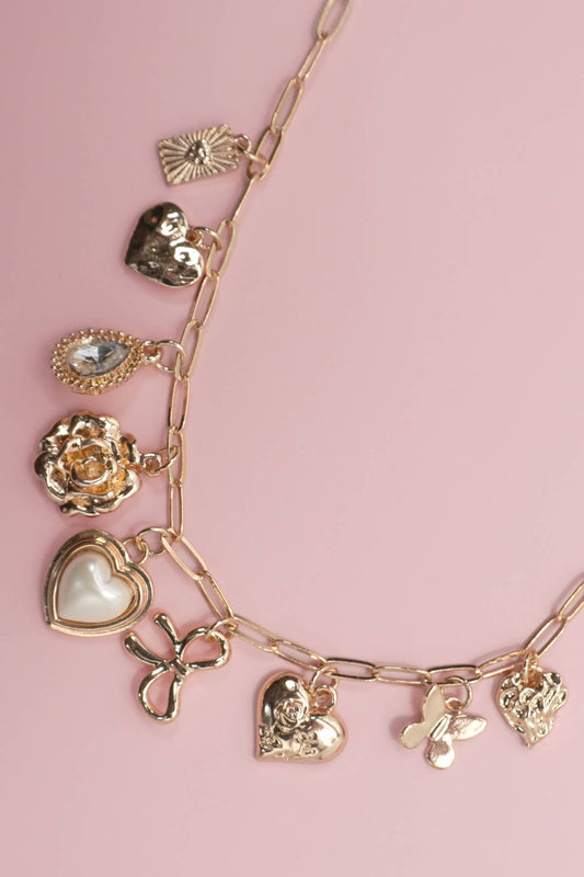 Bow + Flower + Heart Gold Charm Necklace