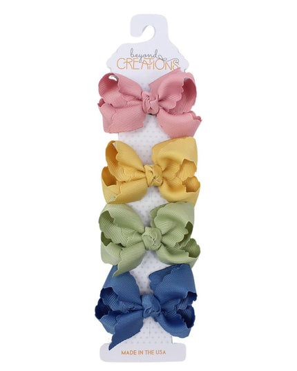 4 PACK - 3" SMALL SCALLOPED EDGE BOW ON SNAP CLIP: Boho Pack