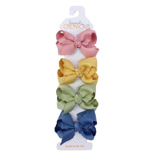4 PACK - 3" SMALL SCALLOPED EDGE BOW ON SNAP CLIP: Boho Pack