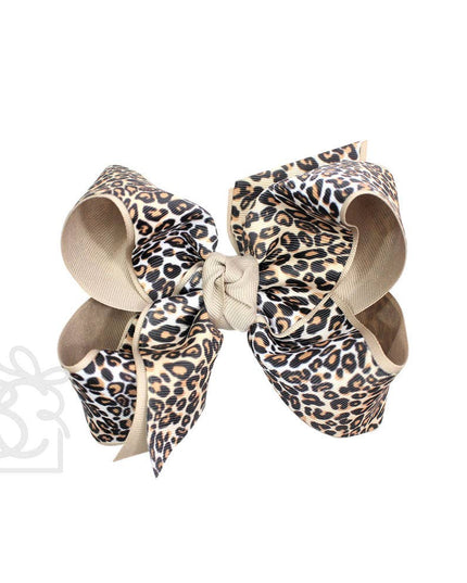 LAYERED LEOPARD BOW ON CLIP: 6.5" Jumbo - 2.25" & 2" Ribbons on Lg. Alligator Clip / OATMEAL/MULTI LEOPARD
