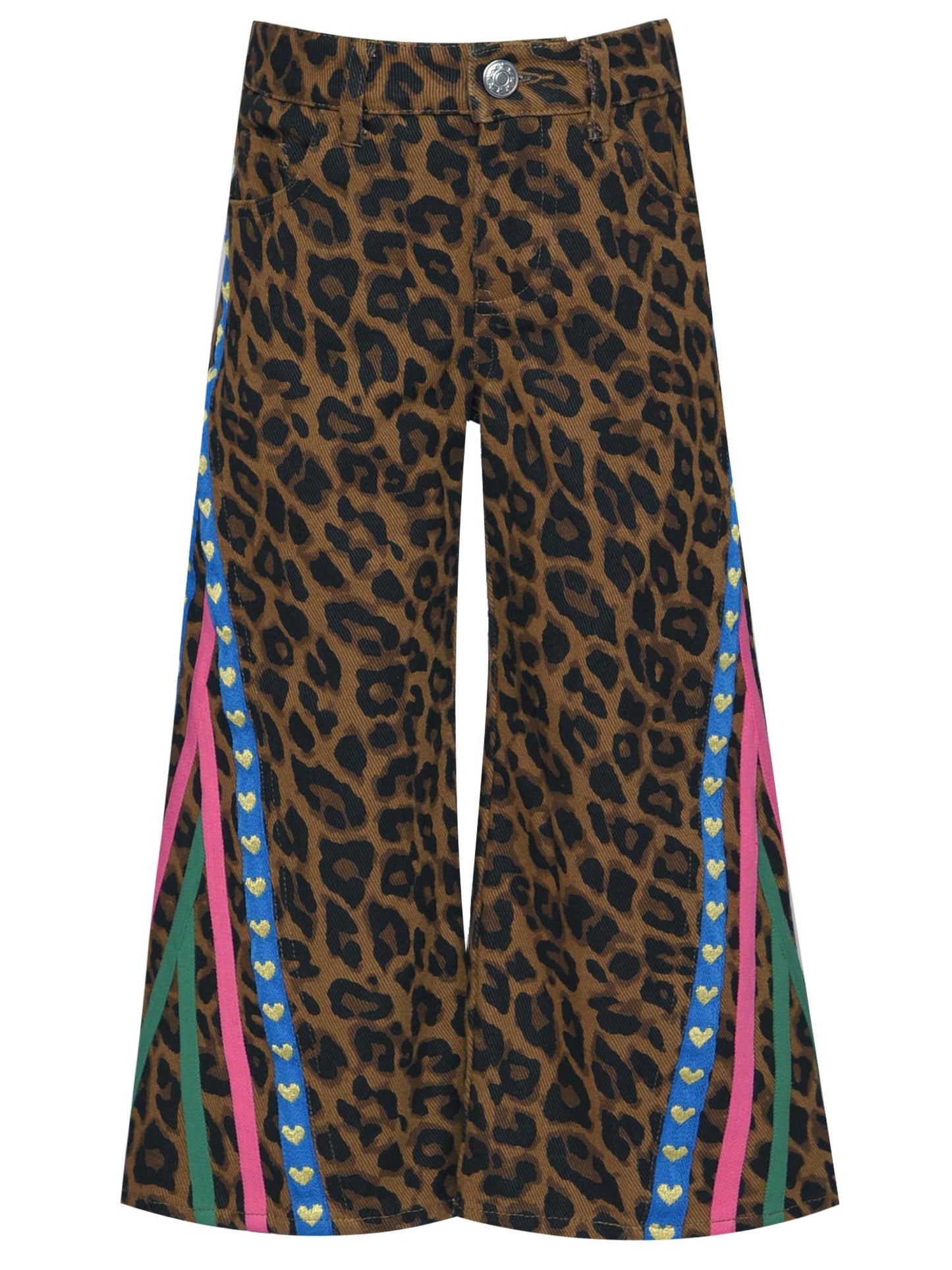 Leopard Print Denim Pants With Side Trim Detail