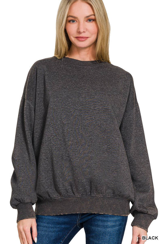 Acid Wash Fleece Oversized Pullover: BLACK