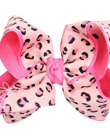 LAYERED LEOPARD BOW ON CLIP: 6.5" Jumbo - 2.25" & 2" Ribbons on Lg. Alligator Clip / BLACK/MULTI LEOPARD