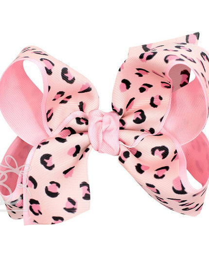 LAYERED LEOPARD BOW ON CLIP: 6.5" Jumbo - 2.25" & 2" Ribbons on Lg. Alligator Clip / OATMEAL/MULTI LEOPARD