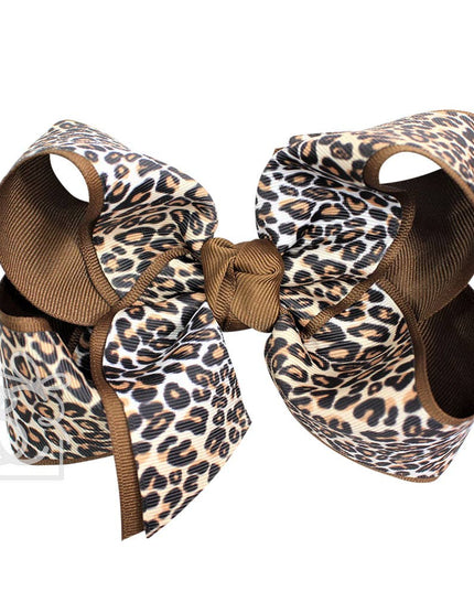 LAYERED LEOPARD BOW ON CLIP: 6.5" Jumbo - 2.25" & 2" Ribbons on Lg. Alligator Clip / OATMEAL/MULTI LEOPARD