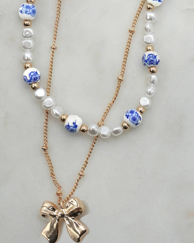 Porcelain Pearl + Gold Bow Necklace