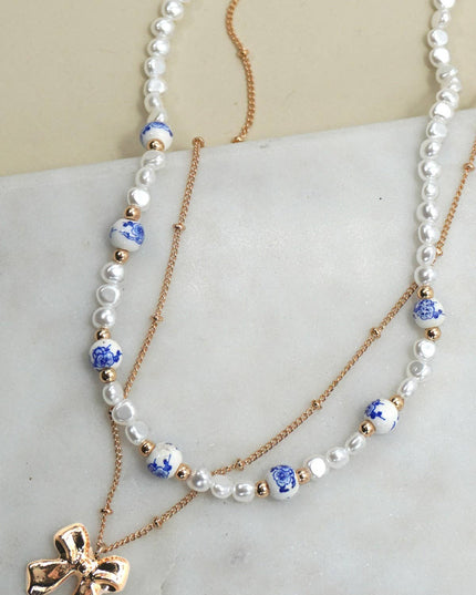 Porcelain Pearl + Gold Bow Necklace