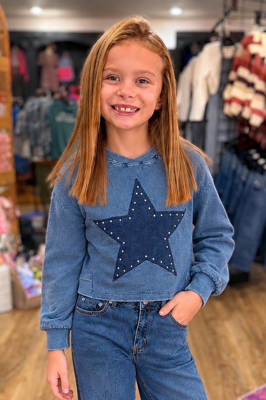 Suede Star Patch LS Crew Neck | Medium Indigo