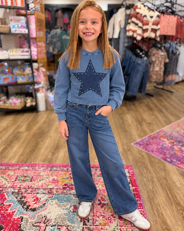 Suede Star Patch LS Crew Neck | Medium Indigo